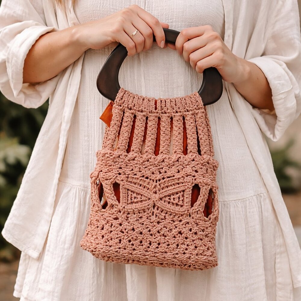 Vintage Macrame Handbag Boho Crochet Purse Wood Handle 70s Tote - Picture 9 of 9